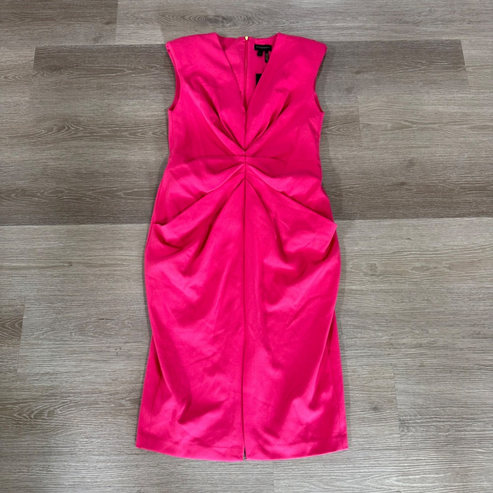 Donna Karan Midi Dress Womens 12 Pink V-Neck Sleeveless Ruched Sheath KA5C31X8